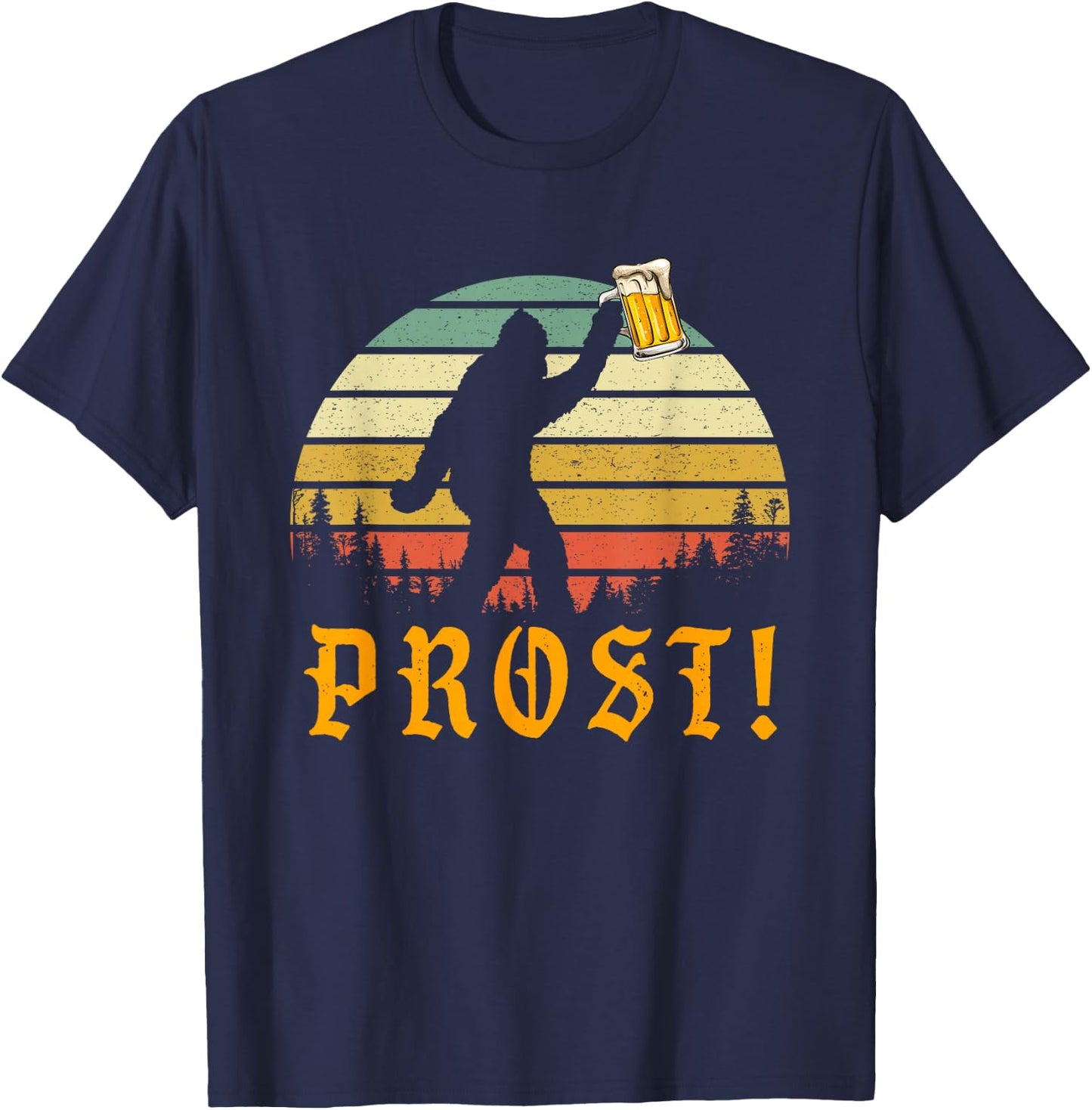 Vintage PROST! Bigfoot Yeti Drinking Beer German Oktoberfest T-Shirt - T-Shirt | Navy