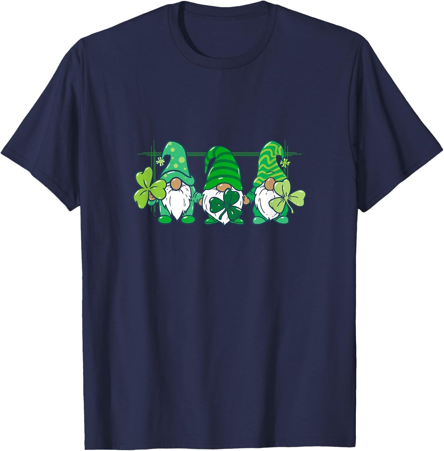 Three Gnomes Holding Irish Clover Shamrock St Patrick's Day T-Shirt - T-Shirt | Navy