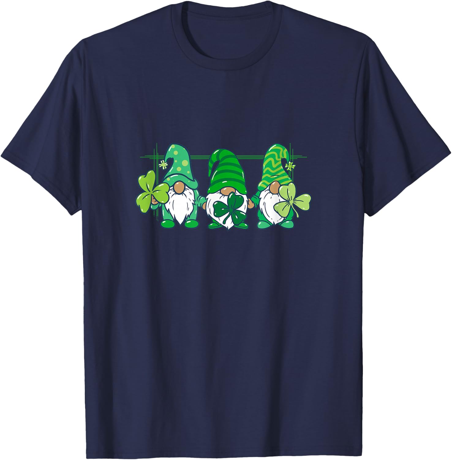 Three Gnomes Holding Irish Clover Shamrock St Patrick's Day T-Shirt - T-Shirt | Navy