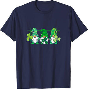 Three Gnomes Holding Irish Clover Shamrock St Patrick's Day T-Shirt - T-Shirt | Navy