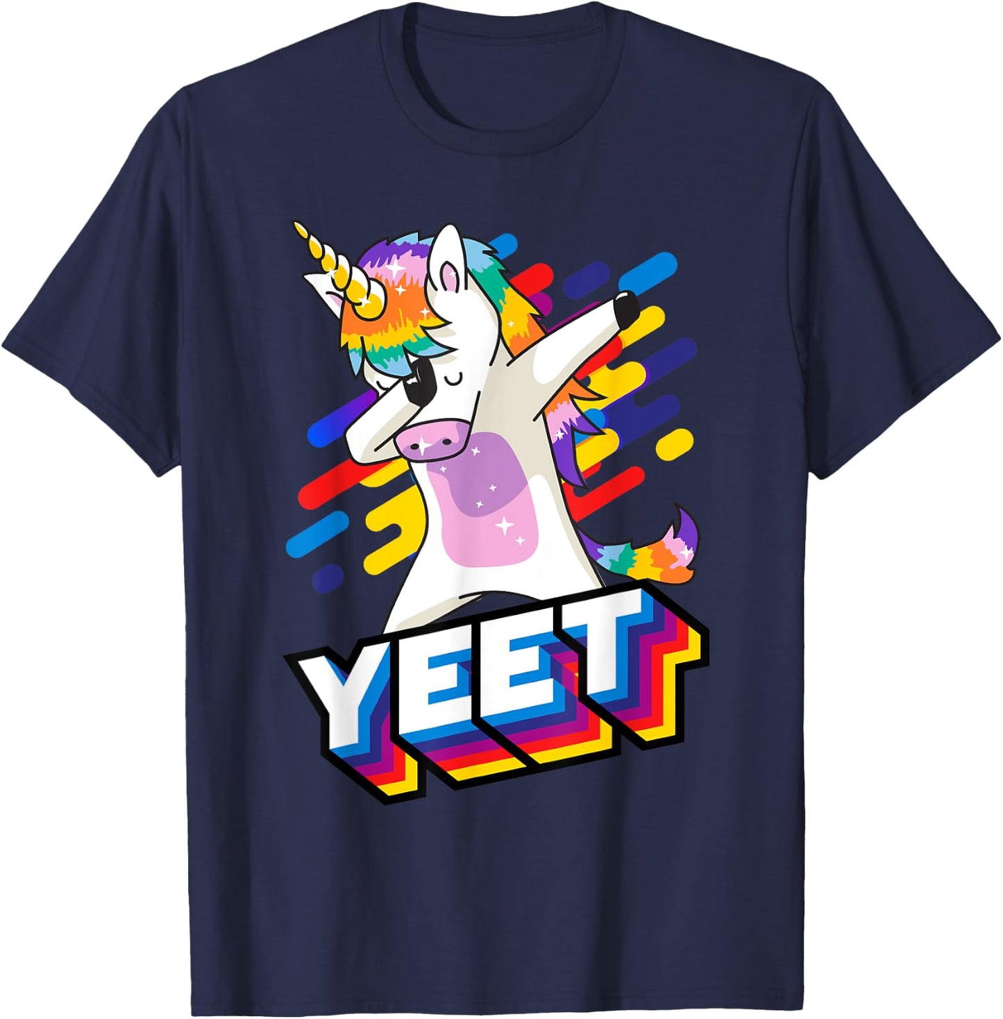 Colorful Dabbing Dancing Unicorn Celebration Yeet T-Shirt - T-Shirt | Navy