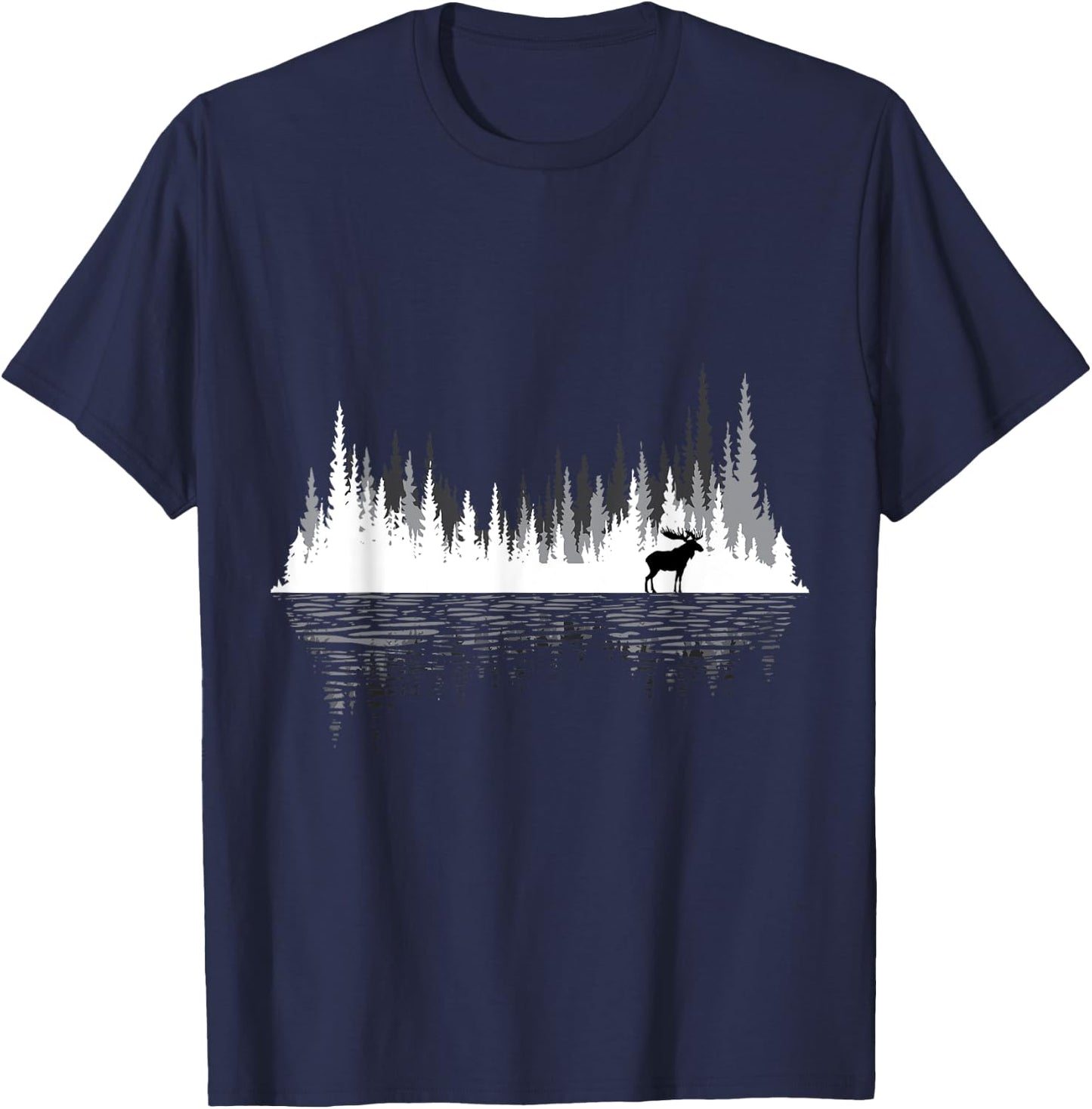 Trees Reflection Wildlife Animal Moose Researcher Hunter T-Shirt - T-Shirt | Navy