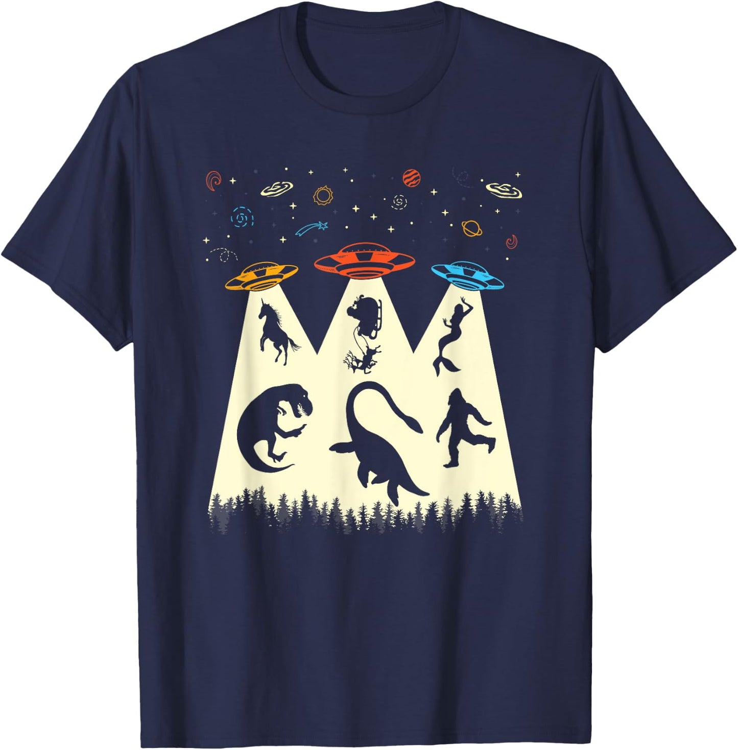 Funny UFO Shirt T-Rex Unicorn Bigfoot Alien Abduction T-Shirt - T-Shirt | Navy
