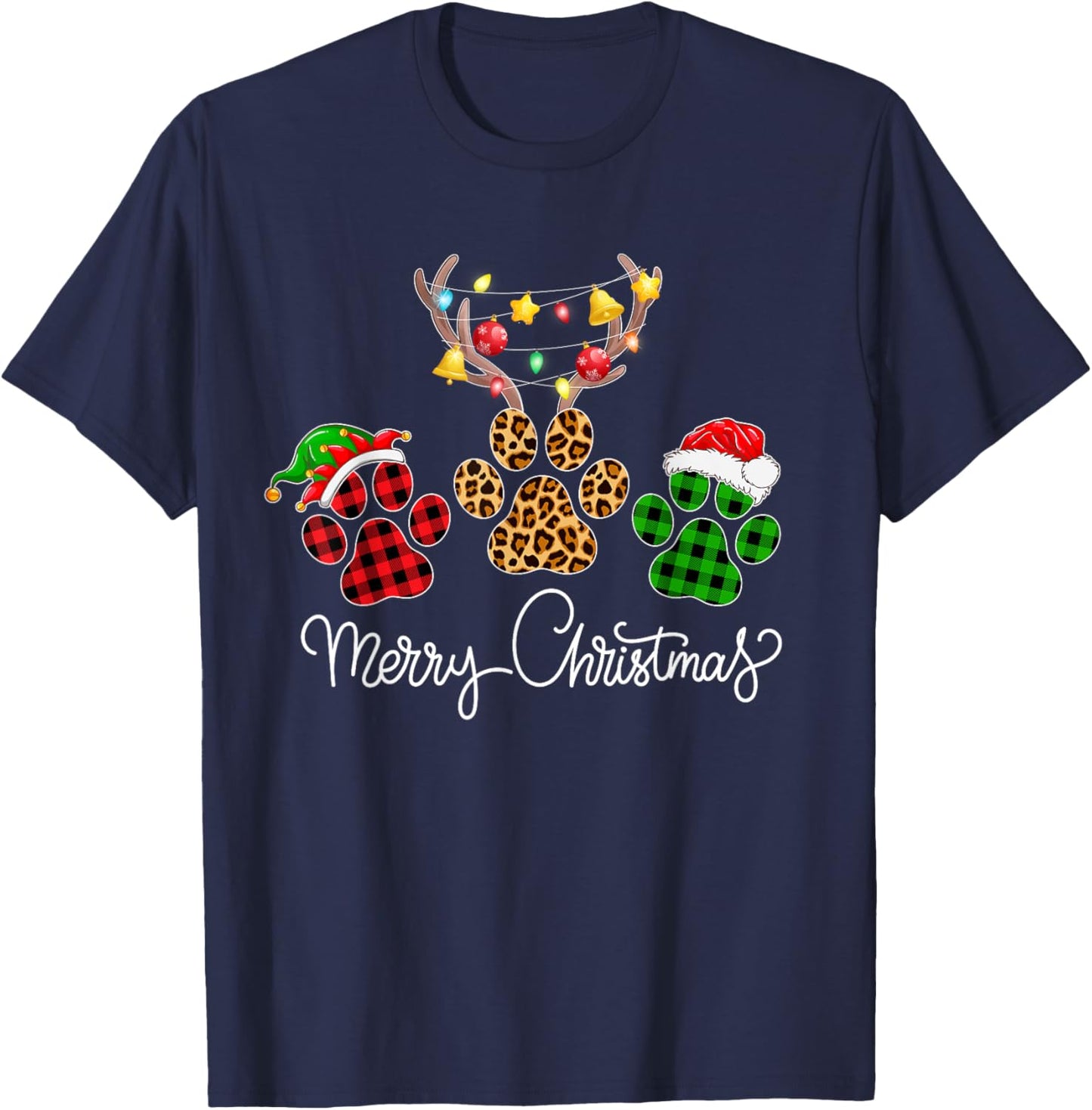Merry Christmas Dog Paws Lights Buffalo Plaid & Leopard Xmas Men Women Kids T-Shirt - T-Shirt | Navy