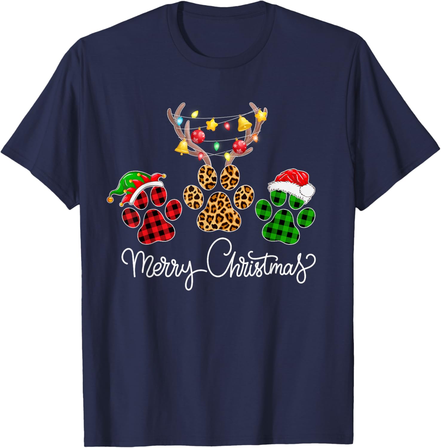 Merry Christmas Dog Paws Lights Buffalo Plaid & Leopard Xmas Men Women Kids T-Shirt - T-Shirt | Navy