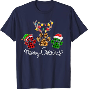 Merry Christmas Dog Paws Lights Buffalo Plaid & Leopard Xmas Men Women Kids T-Shirt - T-Shirt | Navy