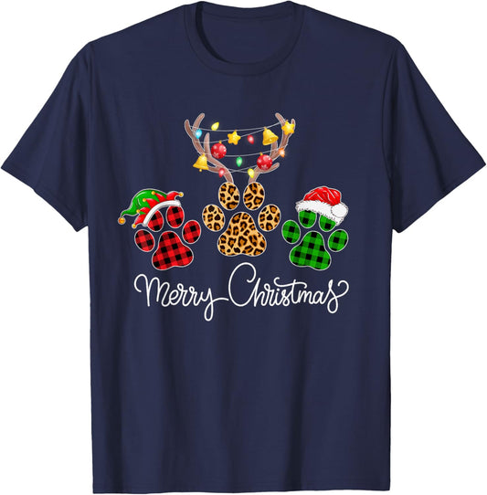 Merry Christmas Dog Paws Lights Buffalo Plaid & Leopard Xmas Men Women Kids T-Shirt - T-Shirt | Navy