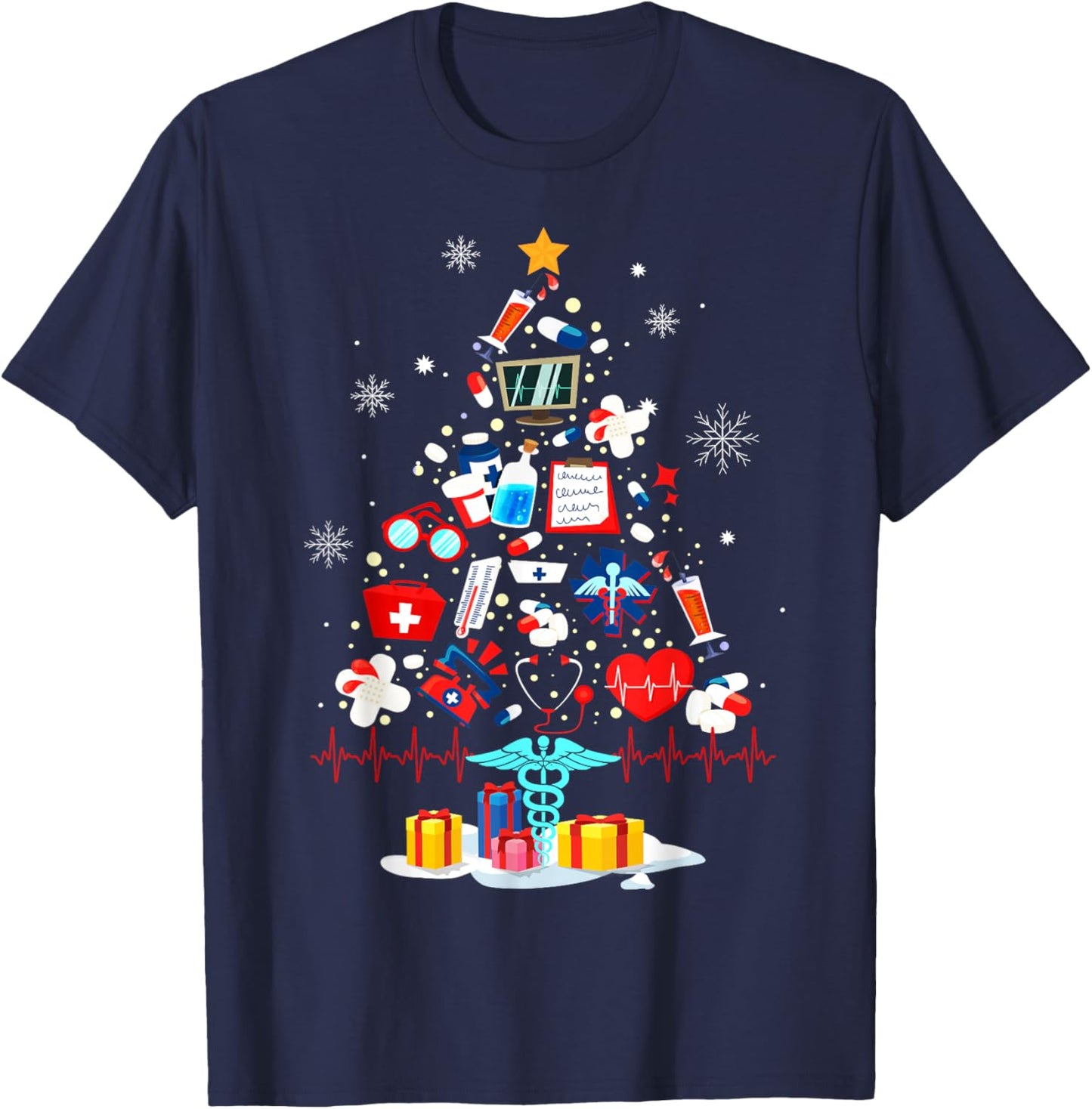 Christmas Tree Medical Tools Funny Nurse At Xmas Looks How T-Shirt - T-Shirt | Navy