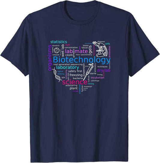 Word cloud biotech with microscope, pipette and dna T-Shirt - T-Shirt | Navy