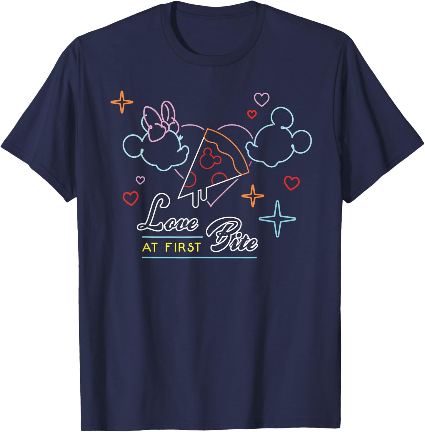 Disney Mickey and Minnie Mouse Neon Pizza Love At First Bite T-Shirt - T-Shirt | Navy