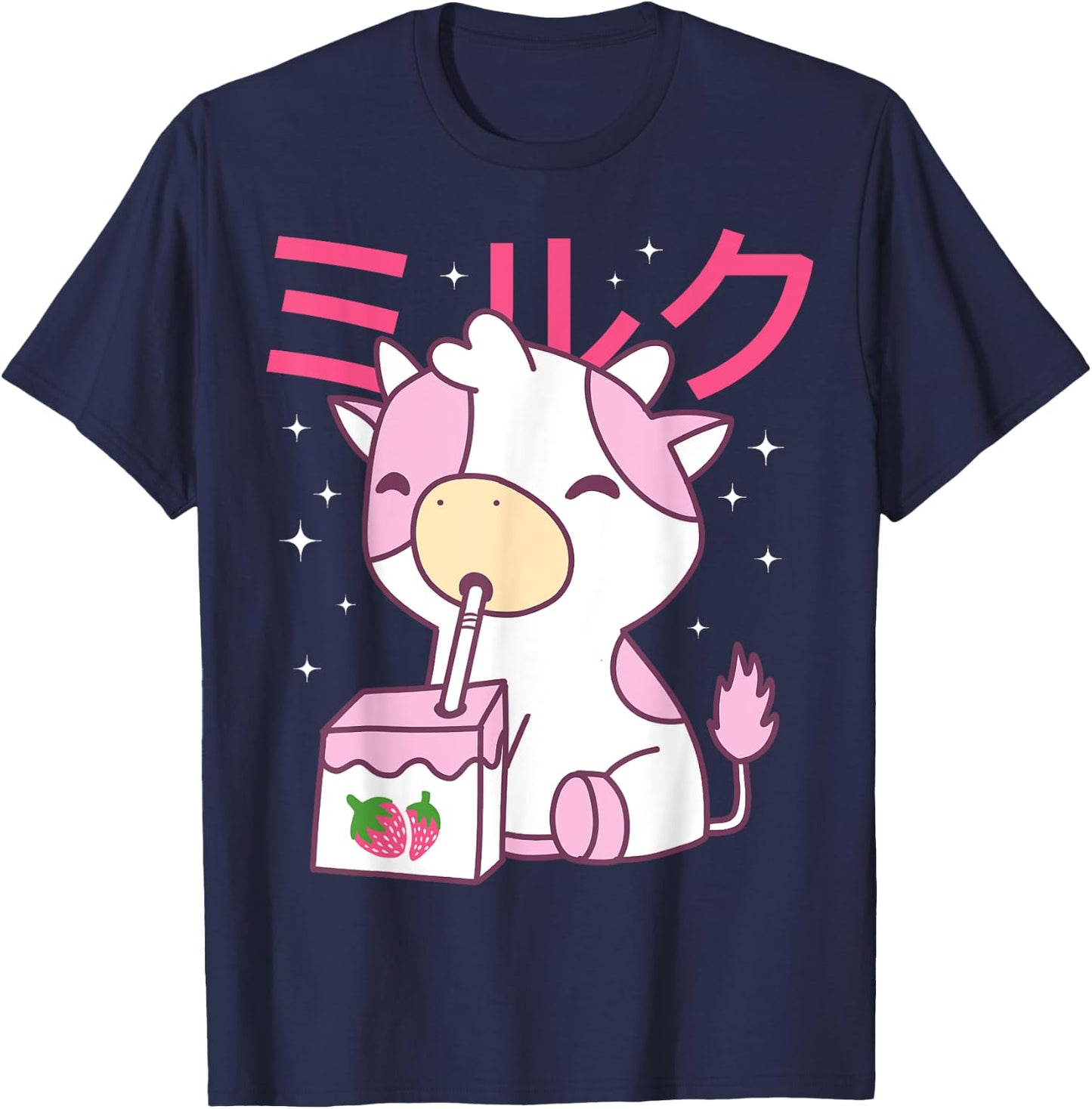 Strawberry Milk Drinking Cute Kawaii Cow T-Shirt - T-Shirt | Navy