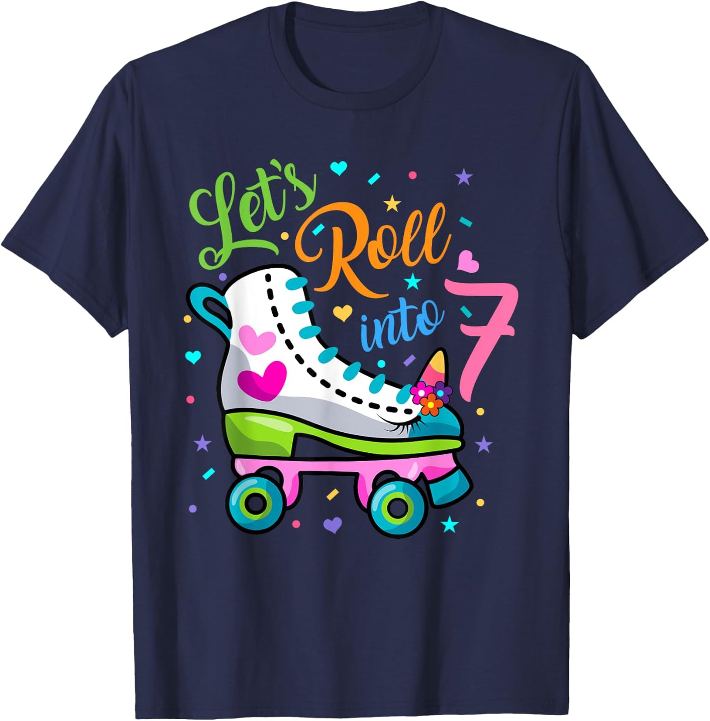 Let's Rolling Into 7 Years Old 7th Birthday Skating Unicorn T-Shirt - T-Shirt | Navy