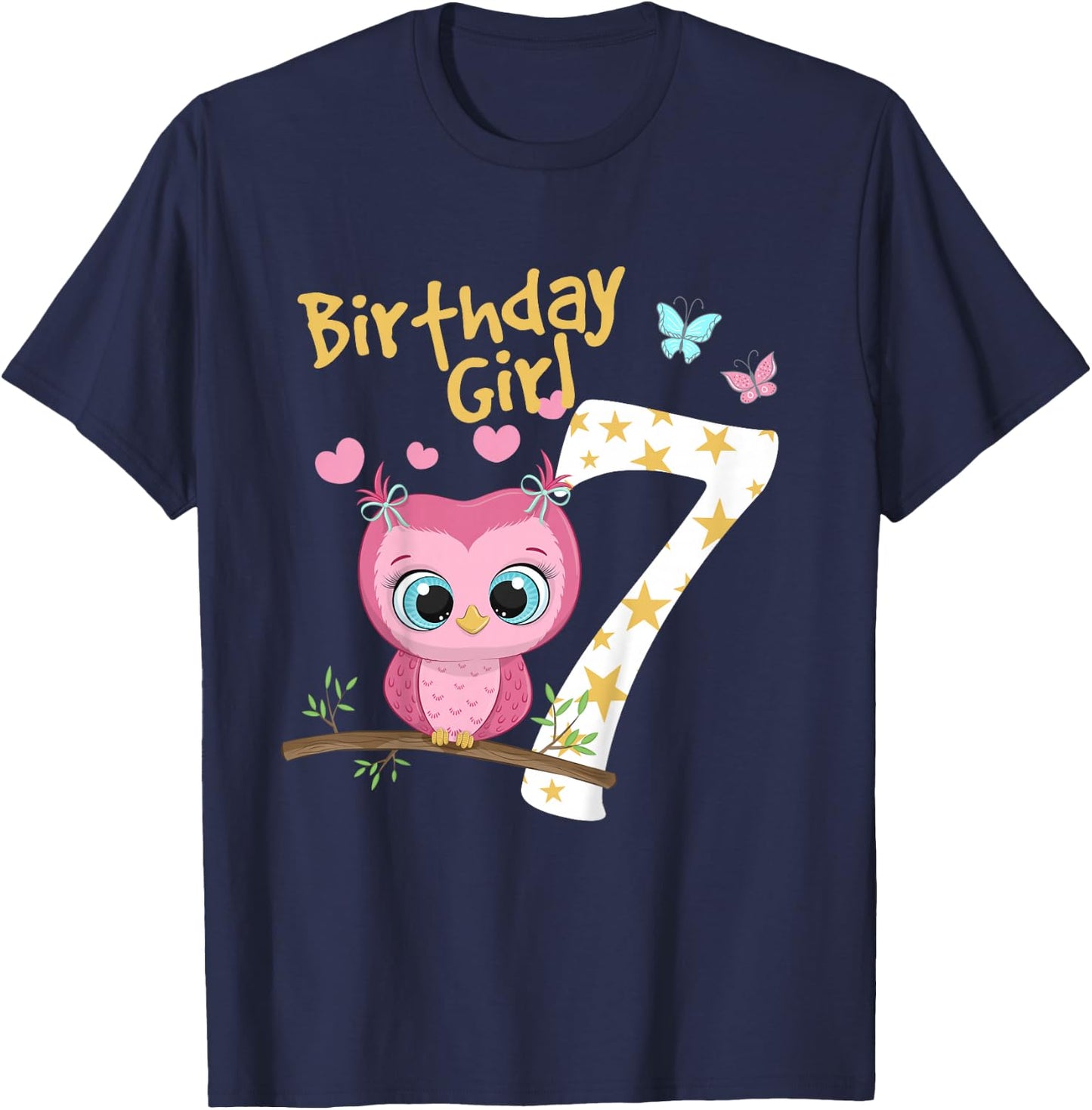 7th Birthday Shirt For Girls Owl Birthday Girl 7 Years T-Shirt - T-Shirt | Navy