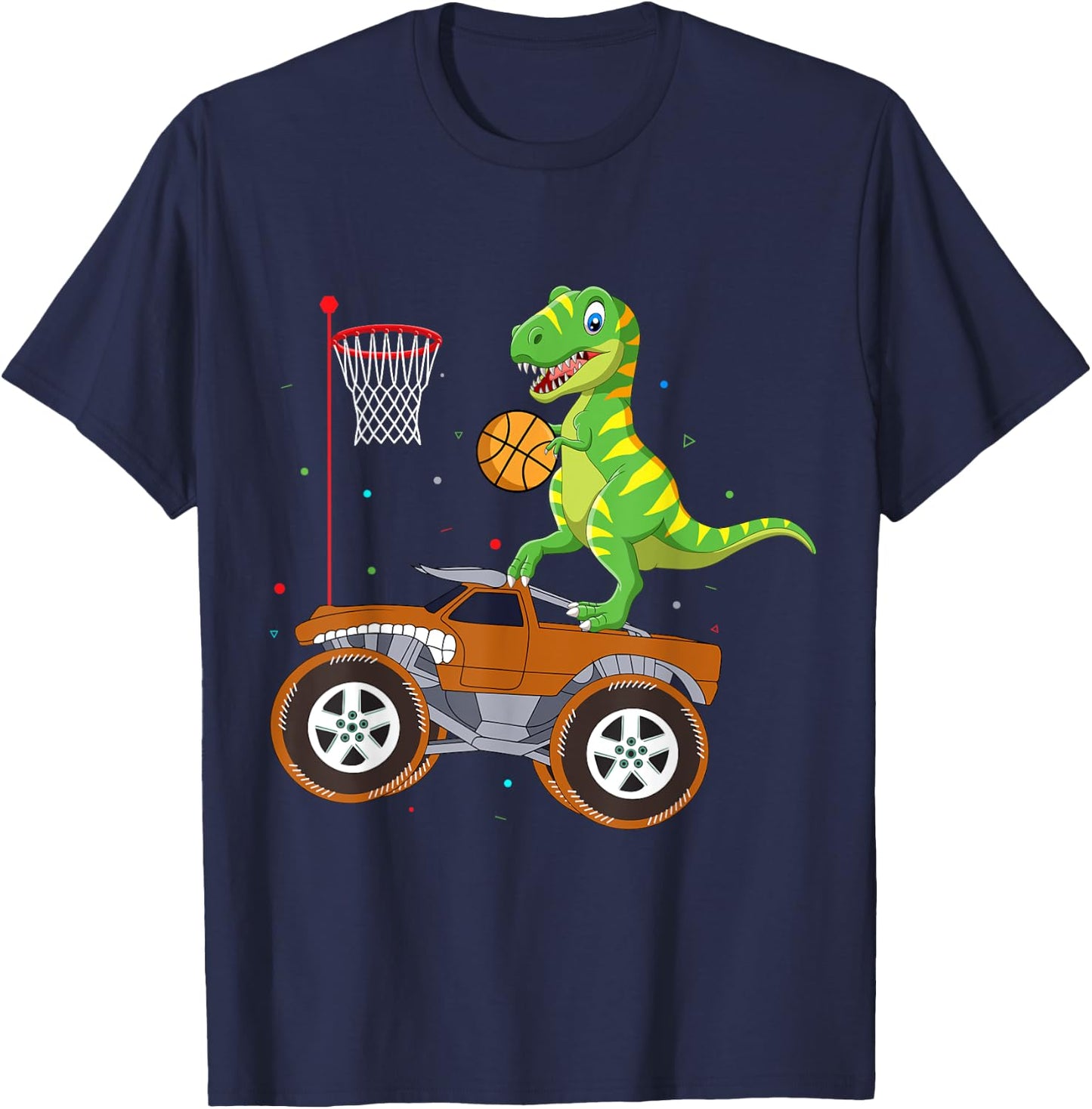 T Rex Dinosaur Playing Basketball Monster Truck Boys Girls T-Shirt - T-Shirt | Navy
