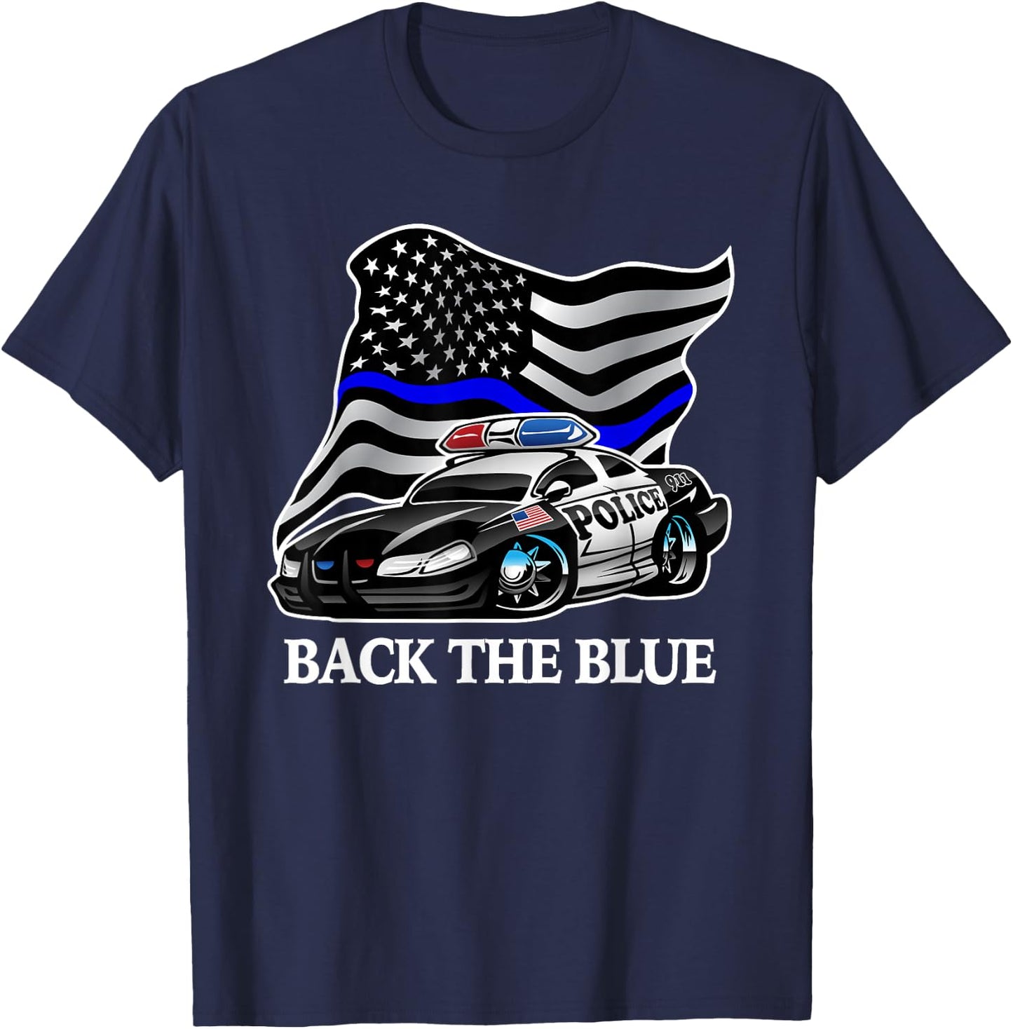 Back The Blue Flag with Police Car Cartoon T-Shirt - T-Shirt | Navy