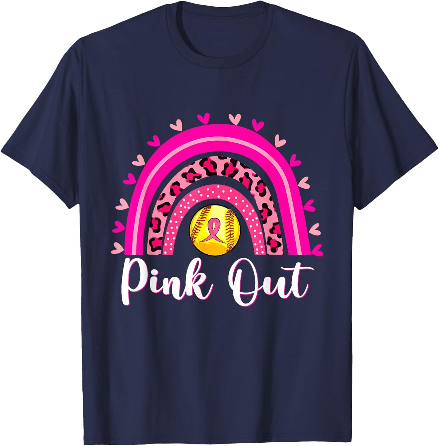Pink Out Softball Lover Rainbow Breast Cancer Awareness T-Shirt - T-Shirt | Navy