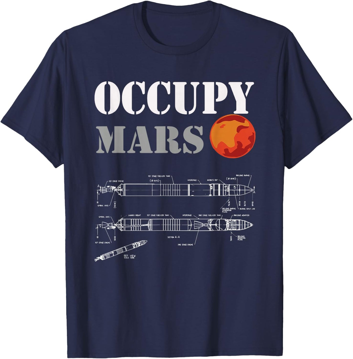 Occupy Mars - rocket blueprint Mans woman's kids T-Shirt - T-Shirt | Navy