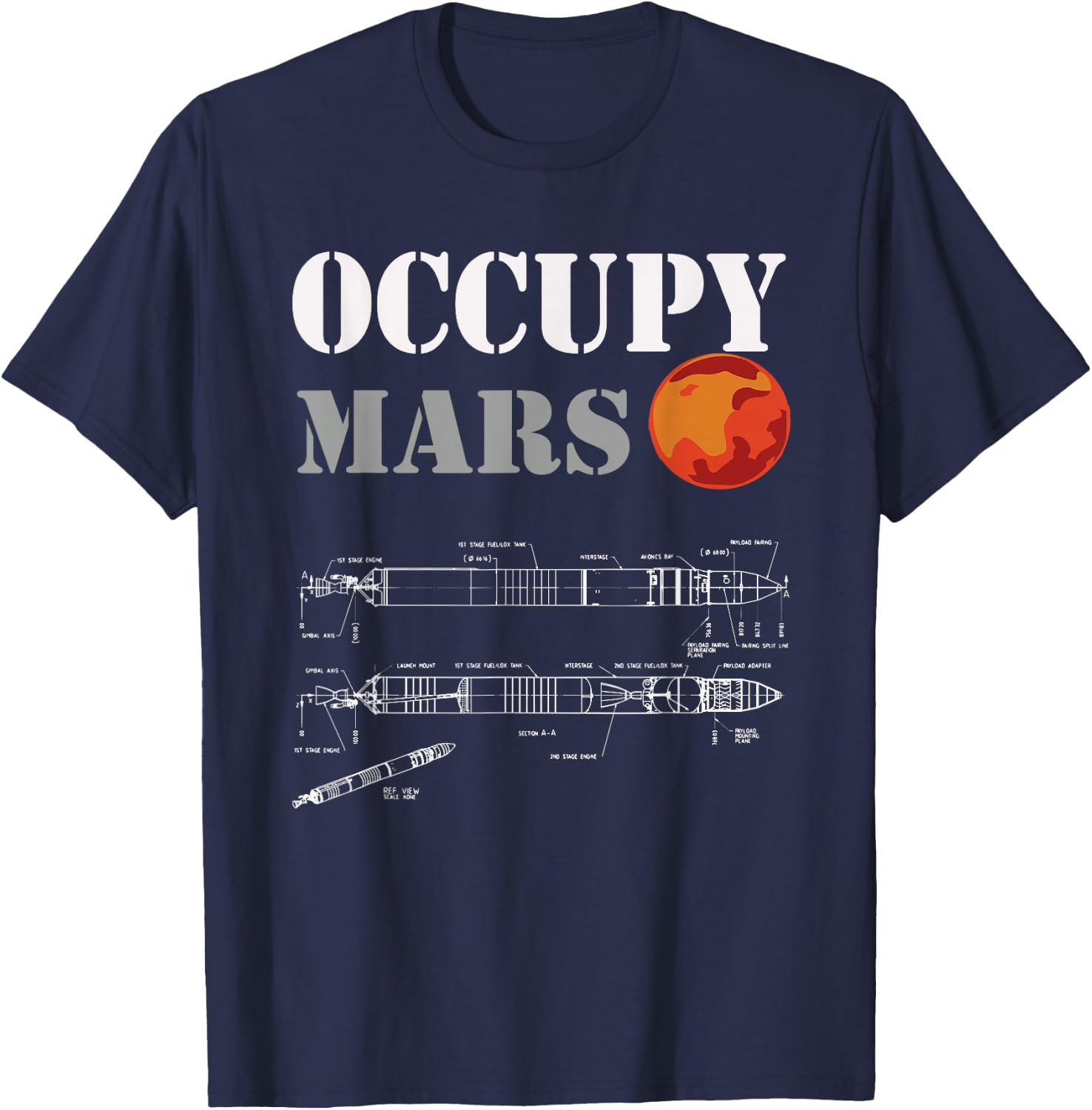 Occupy Mars - rocket blueprint Mans woman's kids T-Shirt - T-Shirt | Navy