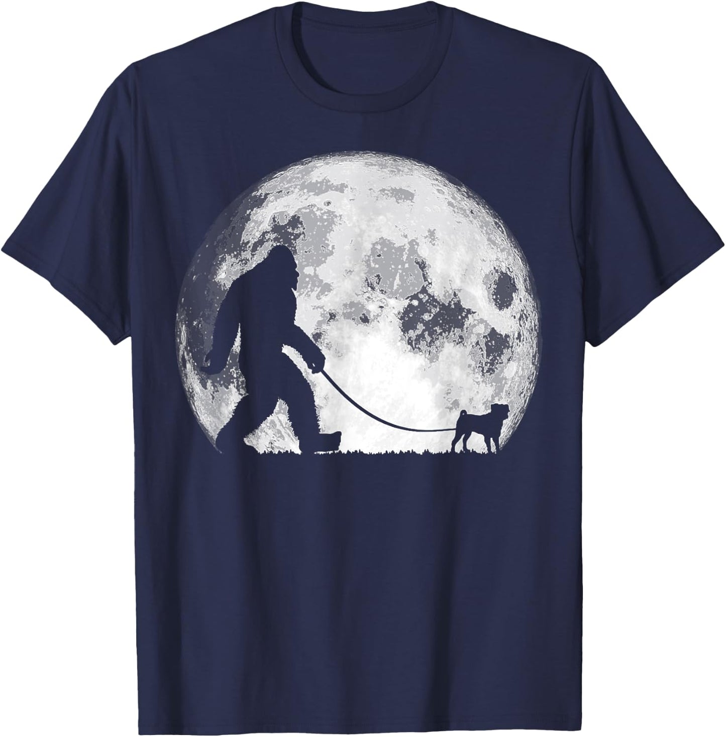 Bigfoot & Pug Funny Night Time Dog Walking Graphic Women T-Shirt - T-Shirt | Navy