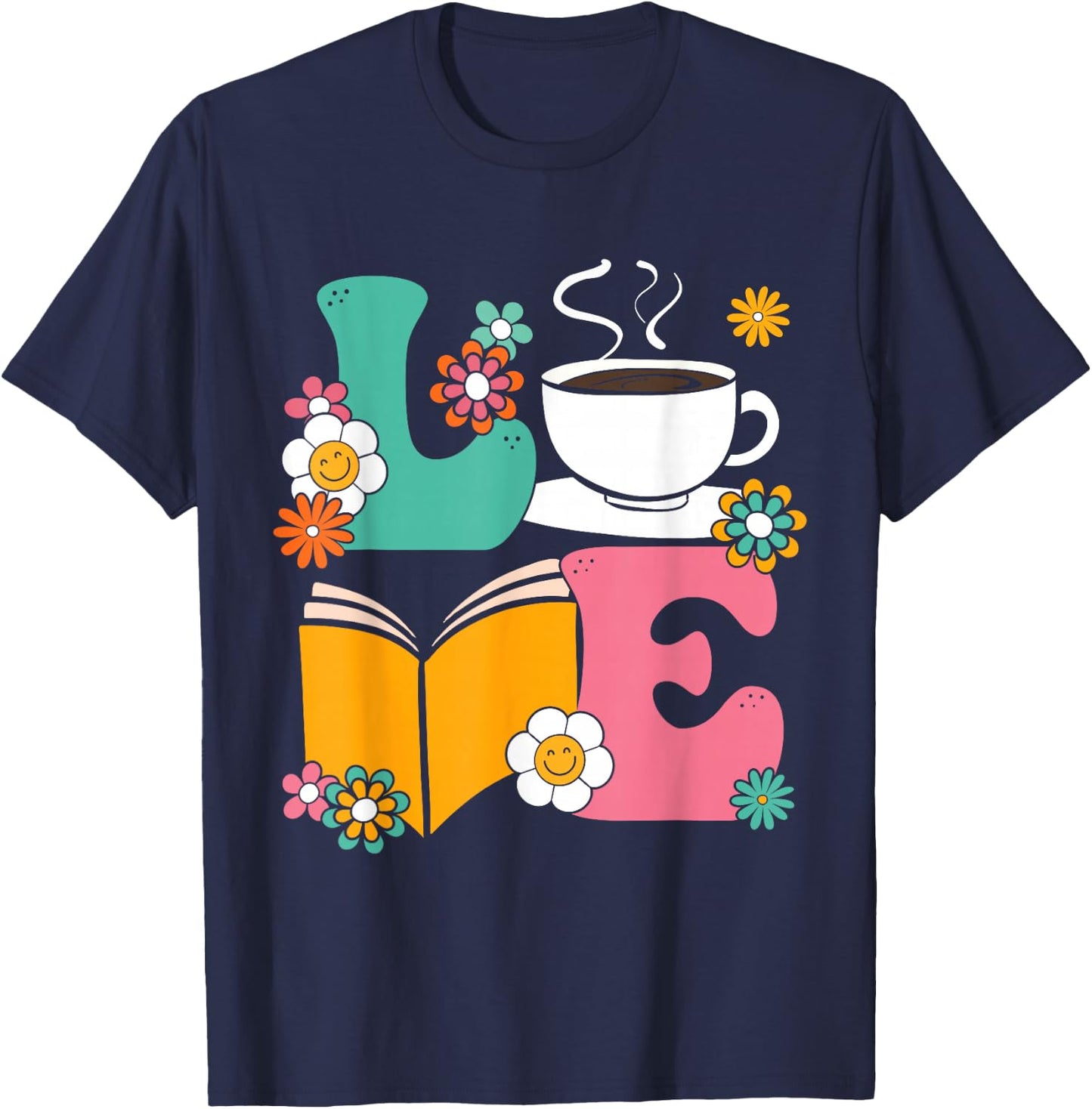 Love Coffee And Book Librarian Bookworm Book Reading T-Shirt - T-Shirt | Navy