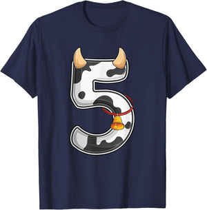 Cow Girl Boy Farmer Fifth 5th Birthday Five 5 Years Old Bday T-Shirt - T-Shirt | Navy