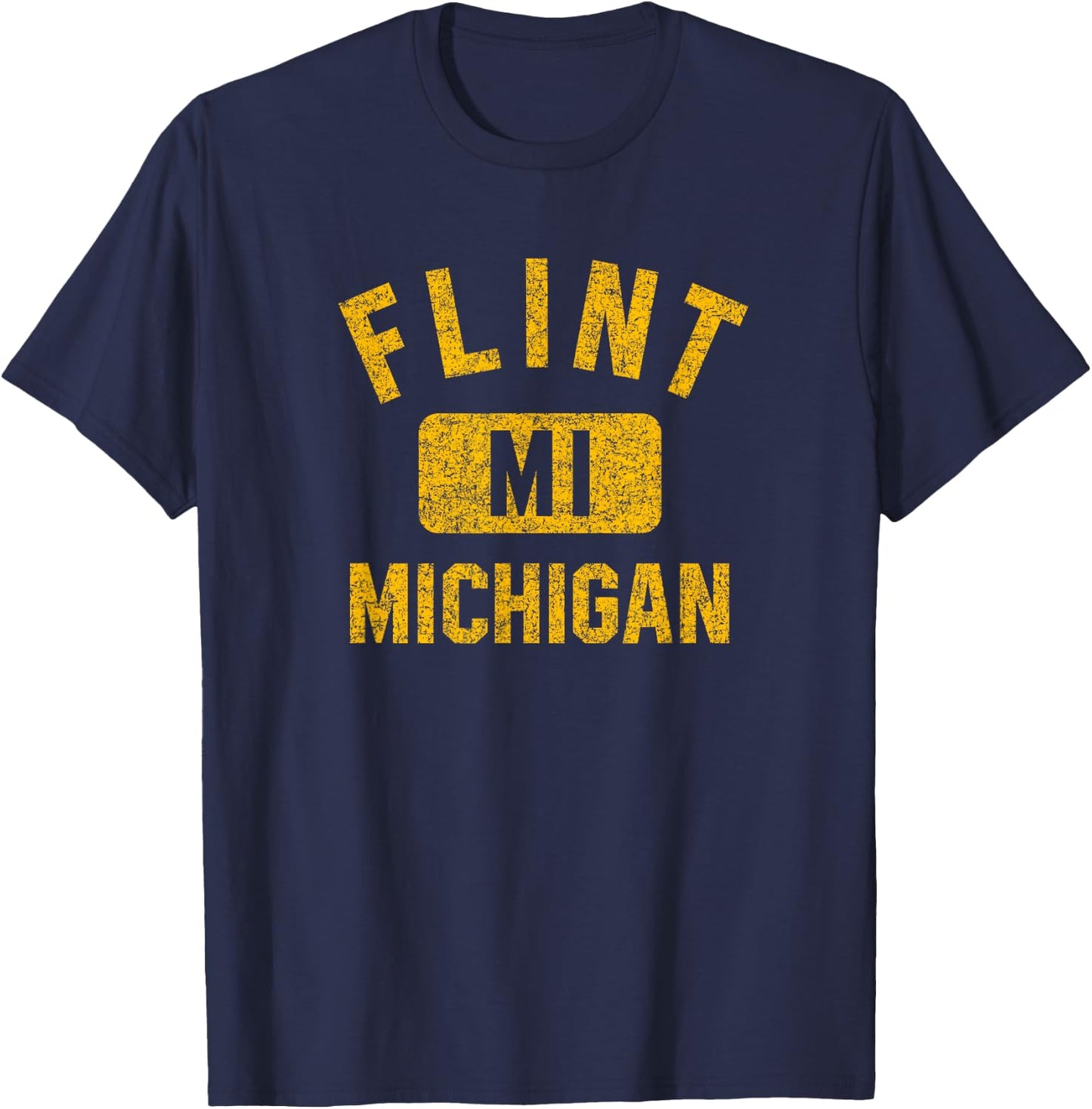 Flint Michigan Gym Style Distressed Amber Print T-Shirt - T-Shirt | Navy