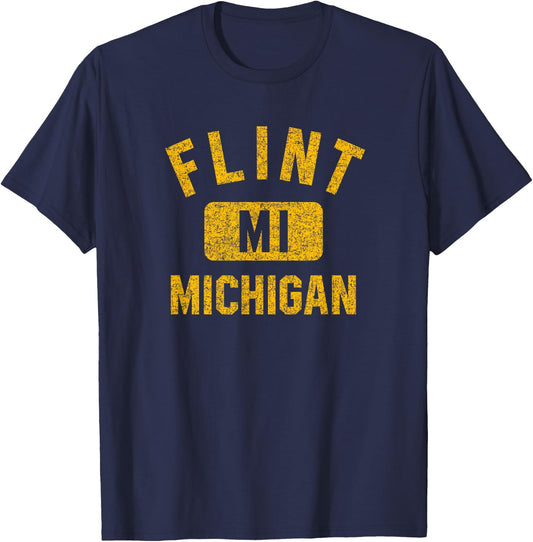 Flint Michigan Gym Style Distressed Amber Print T-Shirt - T-Shirt | Navy