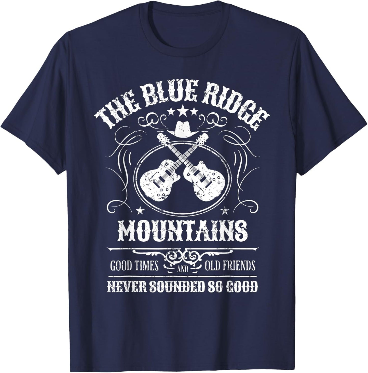 Blue Ridge Mountains with Guitars Vintage Distressed Design T-Shirt - T-Shirt | Navy