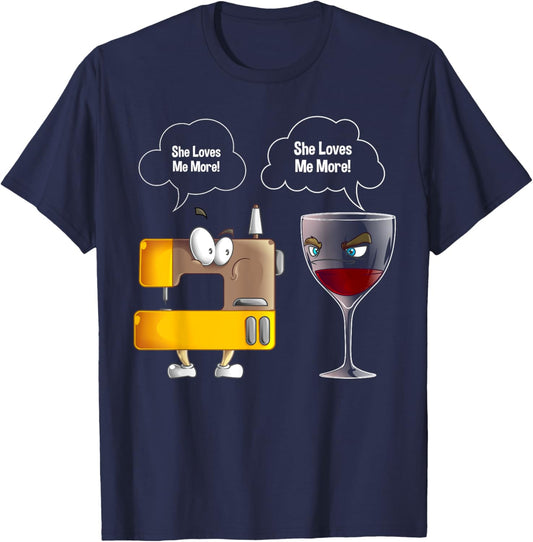 Cool She Loves Me Sewing and Wine Funny Machine Sewer Gift T-Shirt - T-Shirt | Navy