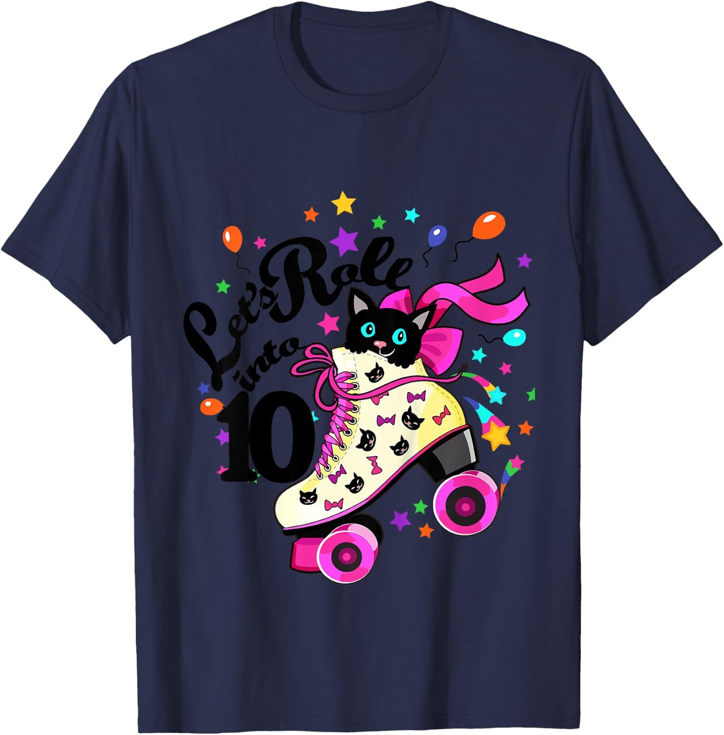 Kids 10 Year Old Birthday Shirt Girl Roller Skate Cat Bday Dress T-Shirt - T-Shirt | Navy