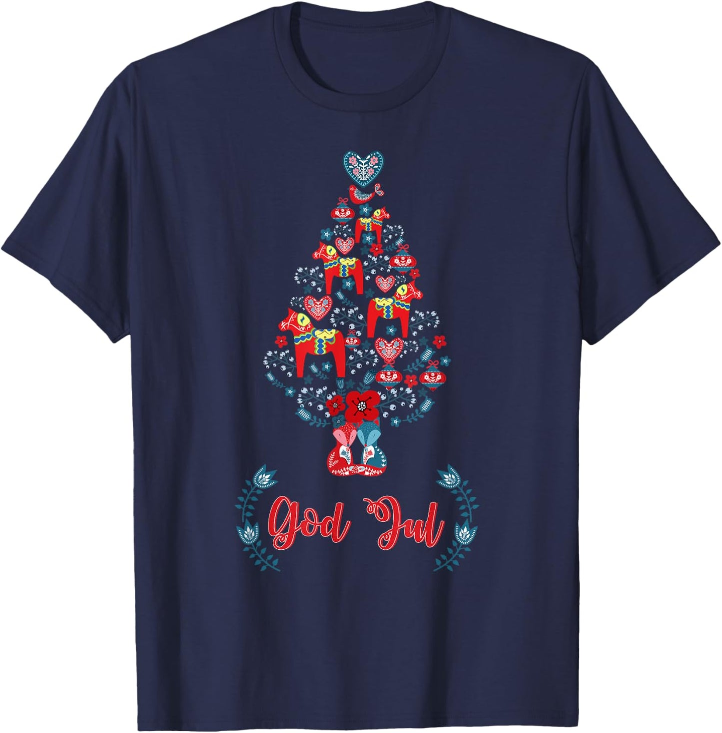 God Jul Red Swedish Dala Horse Christmas Tree T-Shirt - T-Shirt | Navy