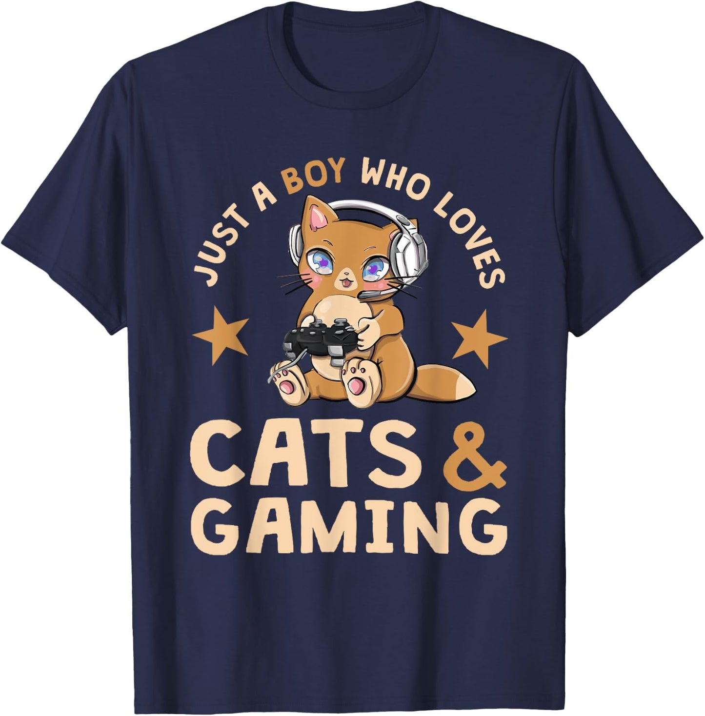 Just A Boy Who Loves Cats And Gaming Cute Gamer Cat T-Shirt - T-Shirt | Navy