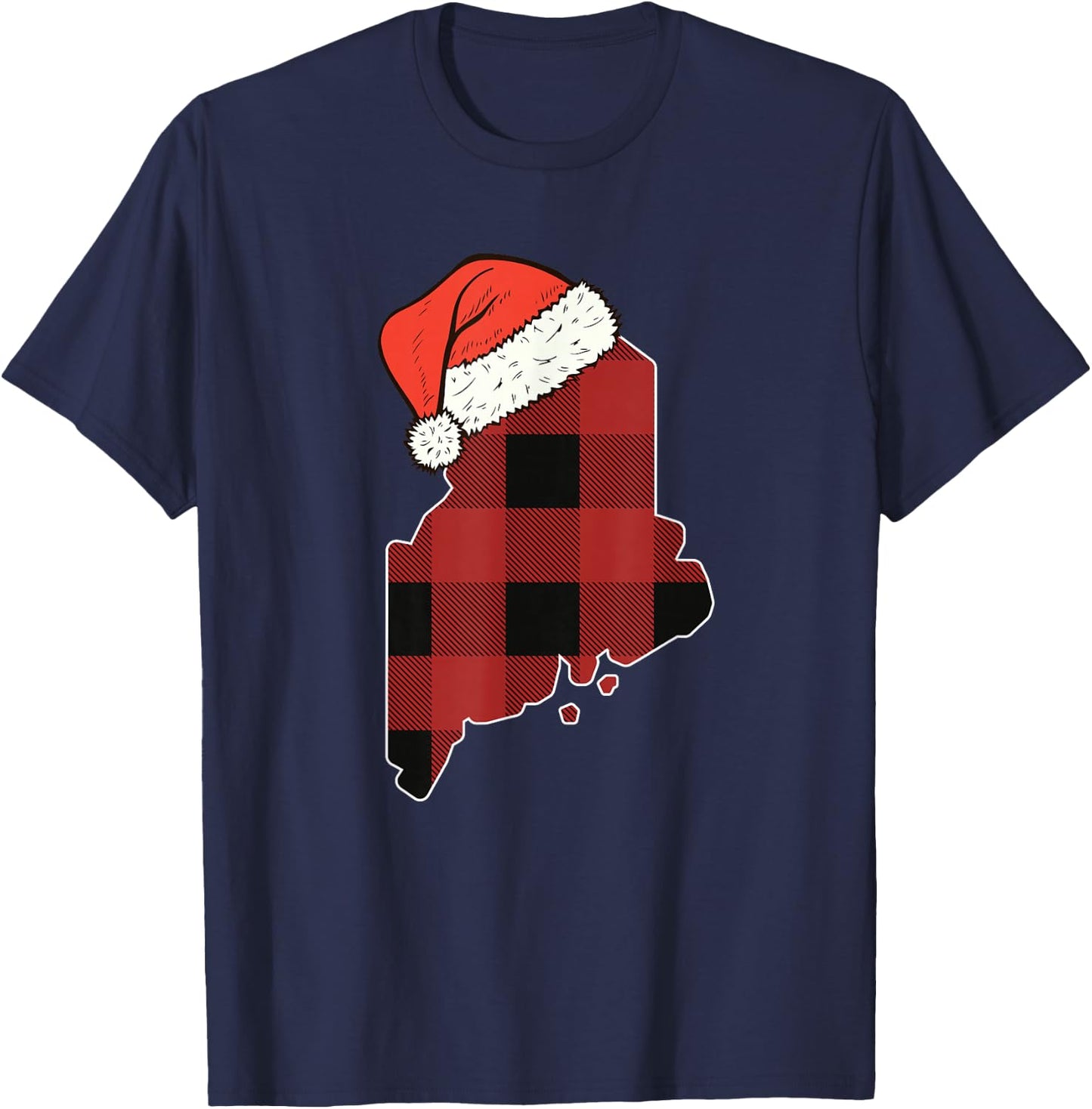 Maine Plaid Christmas Santa Hat Holiday Matching Design T-Shirt - T-Shirt | Navy