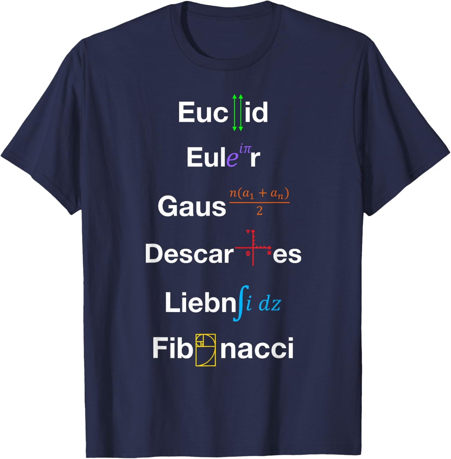 Nerdy Euclid Euler Gauss Descartes Leibniz Fibonacci Math T-Shirt - T-Shirt | Navy