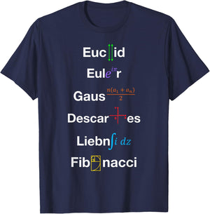 Nerdy Euclid Euler Gauss Descartes Leibniz Fibonacci Math T-Shirt - T-Shirt | Navy