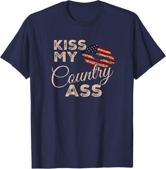 Kiss My Country Ass, Patriotic Grunge Flag Lips T-Shirt - T-Shirt | Navy