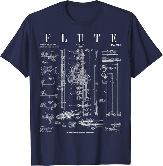 Flute Vintage Patent Flutist Flautist Drawing Print T-Shirt - T-Shirt | Navy