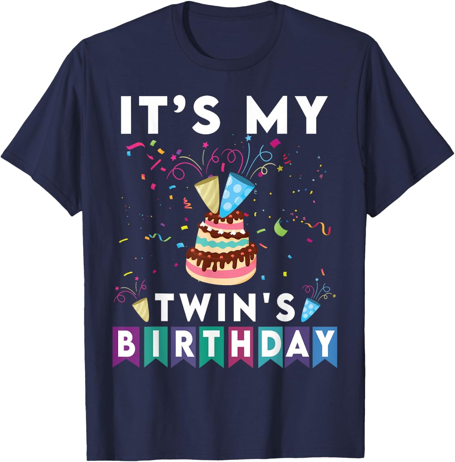 It's My Twin's Birthday Twins Matching Confetti Cake T-Shirt - T-Shirt | Navy