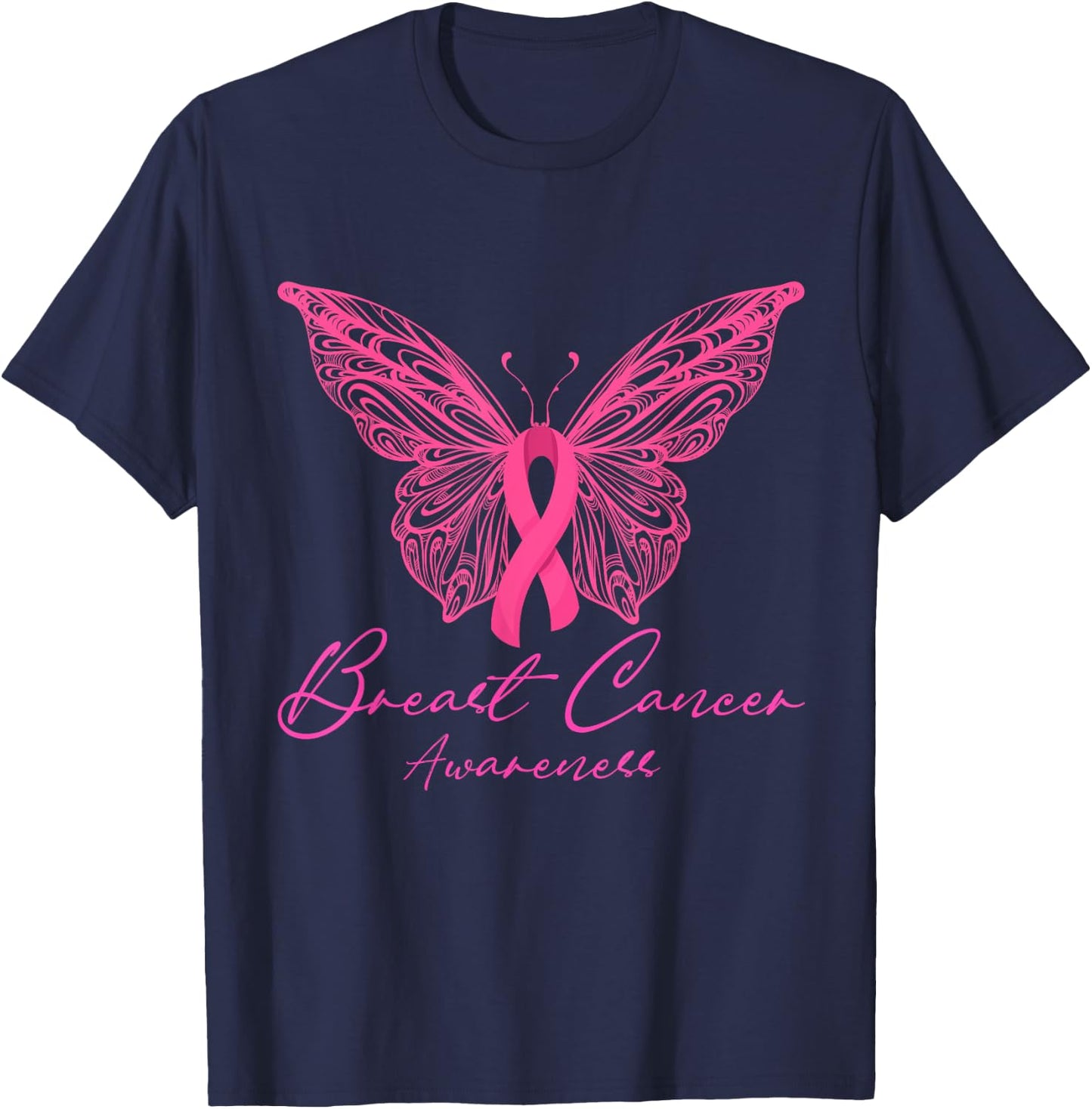 Breast Cancer Awareness Pink Butterfly Pink Ribbon Women T-Shirt - T-Shirt | Navy
