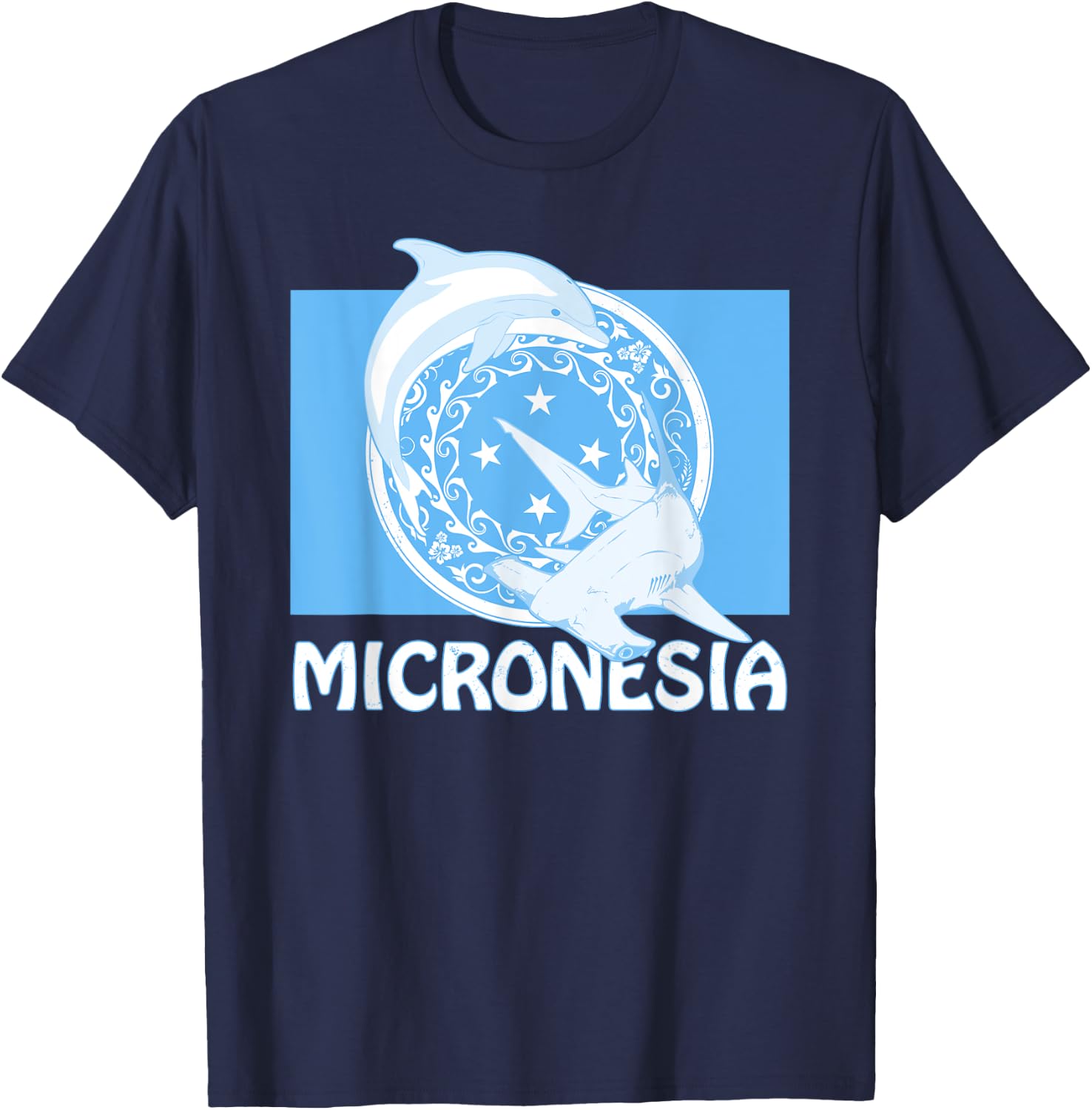 Micronesian Flag of Micronesia Dolphin and Hammerhead Shark T-Shirt - T-Shirt | Navy