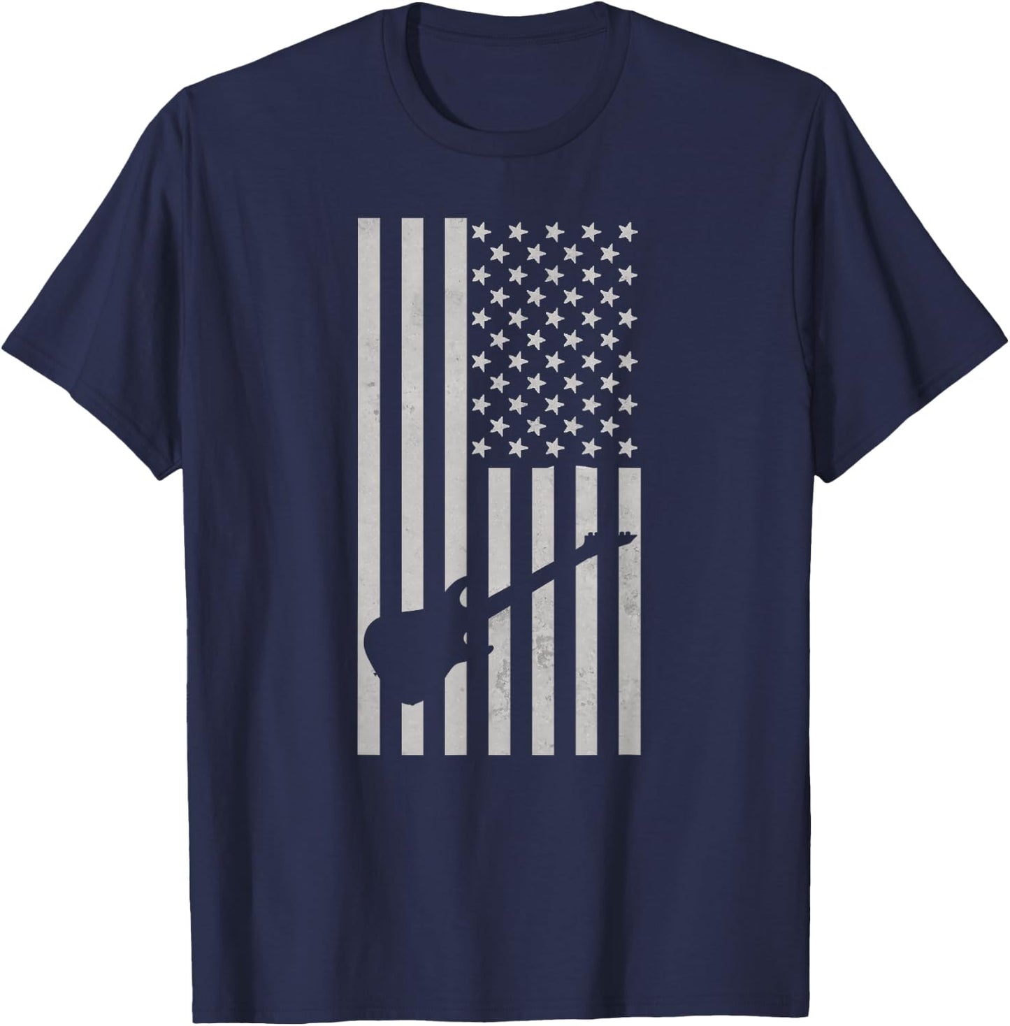 American Flag Electric Guitar Monochrome Patriotic Musician T-Shirt - T-Shirt | Navy