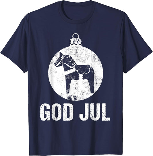 Christmas Scandinavian Dala Horse Ornament God Jul Vintage T-Shirt - T-Shirt | Navy