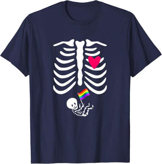 Halloween Lesbian Pregnancy Pride Baby Pregnant Skeleton T-Shirt - T-Shirt | Navy