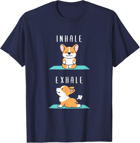 Inhale Exhale Namaste Yoga Corgi Dog Inner Meditation T-Shirt - T-Shirt | Navy