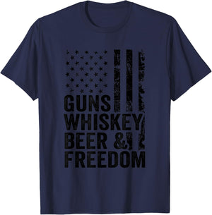 Guns Whiskey Beer Freedom - Drinking USA Flag Funny Gun Women Men T-Shirt - T-Shirt | Navy