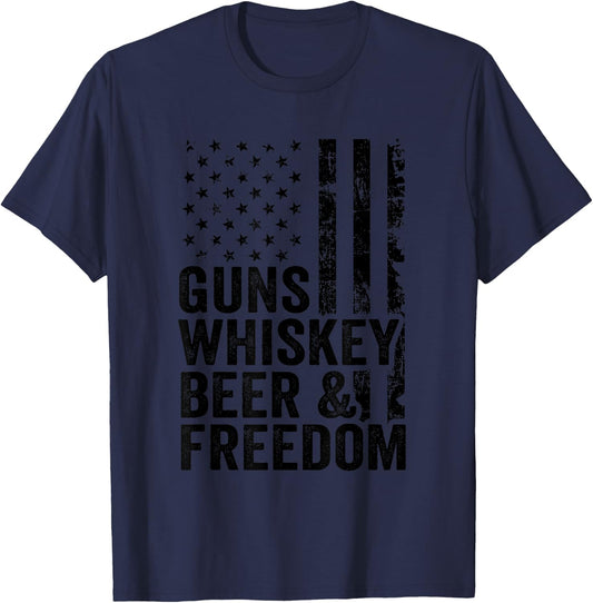 Guns Whiskey Beer Freedom - Drinking USA Flag Funny Gun Women Men T-Shirt - T-Shirt | Navy