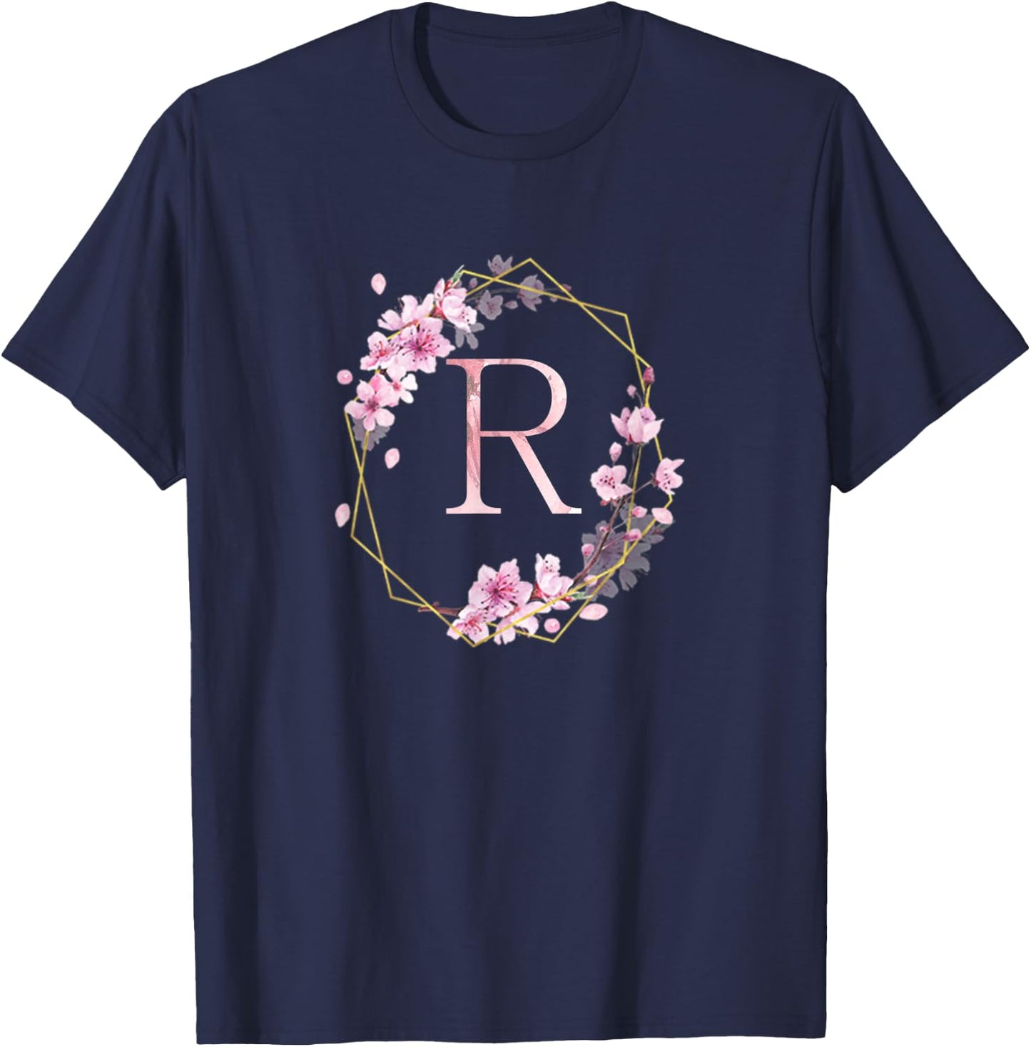 Cherry Blossom Floral Monogram Initial Letter R T-Shirt - T-Shirt | Navy