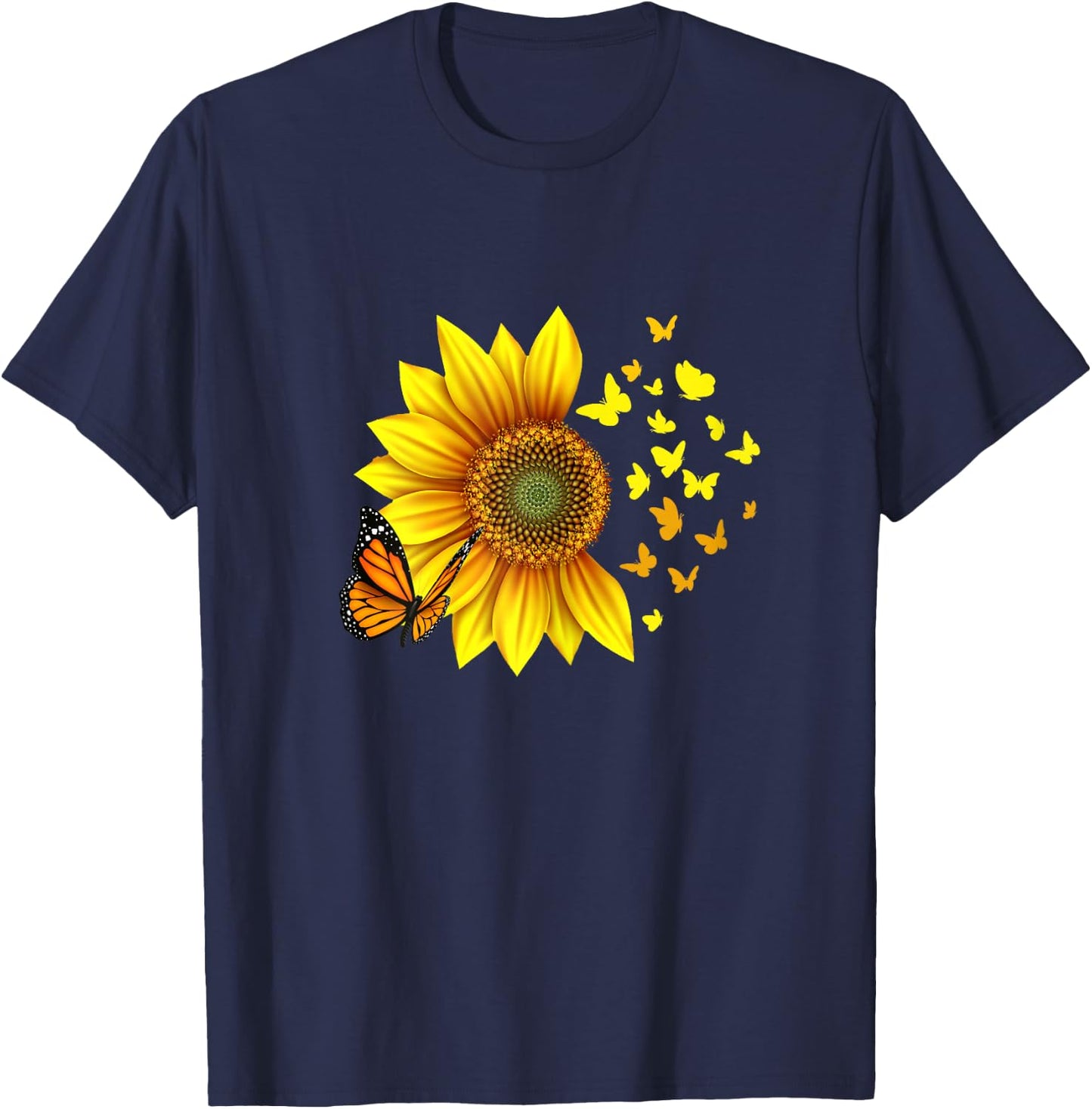 Woman, Girls, Teenager, Kids Design Sunflower Butterflies T-Shirt - T-Shirt | Navy