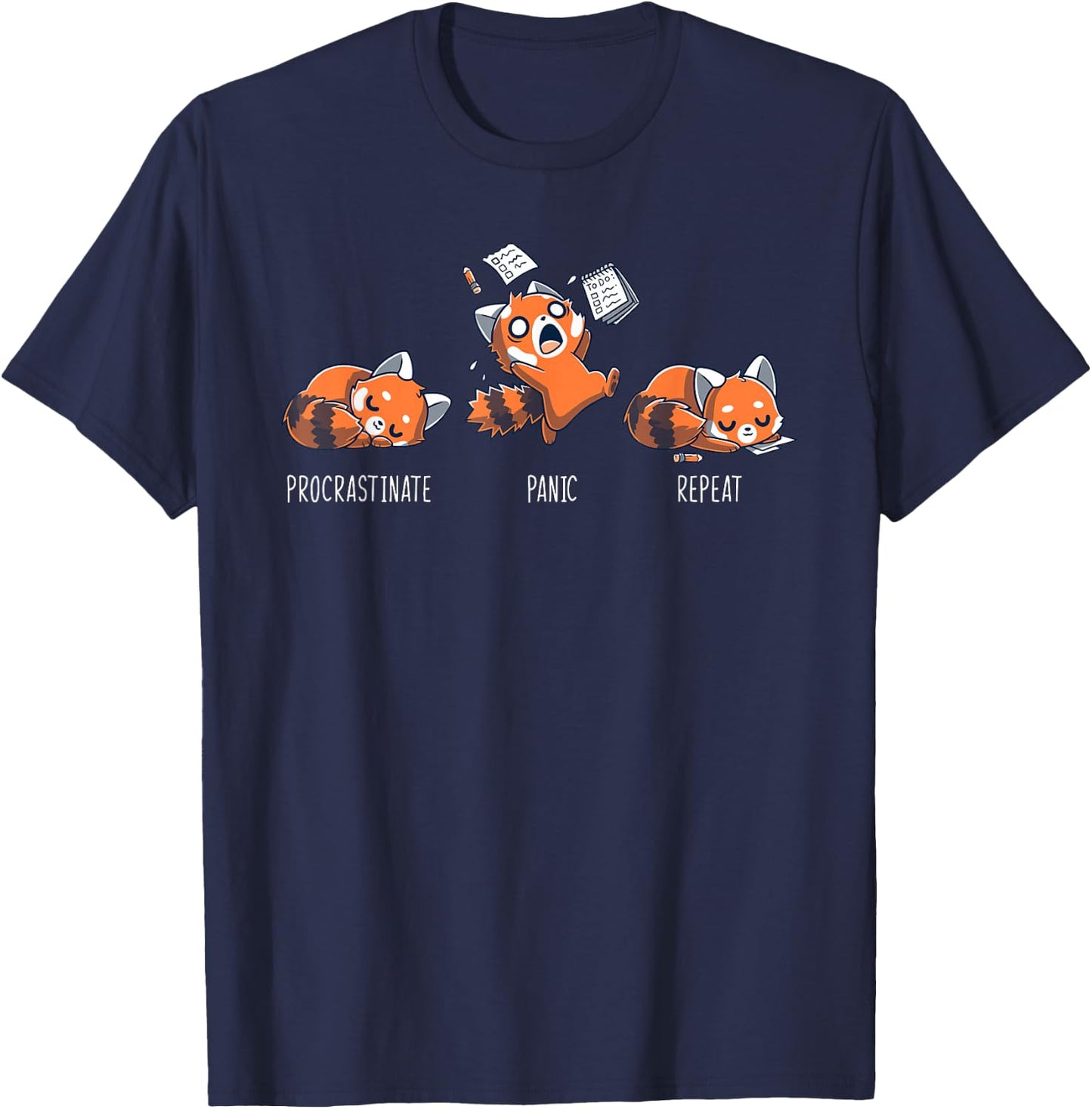 Procrastinate Panic Repeat Shirt Daily Distressed Red Pandas T-Shirt - T-Shirt | Navy