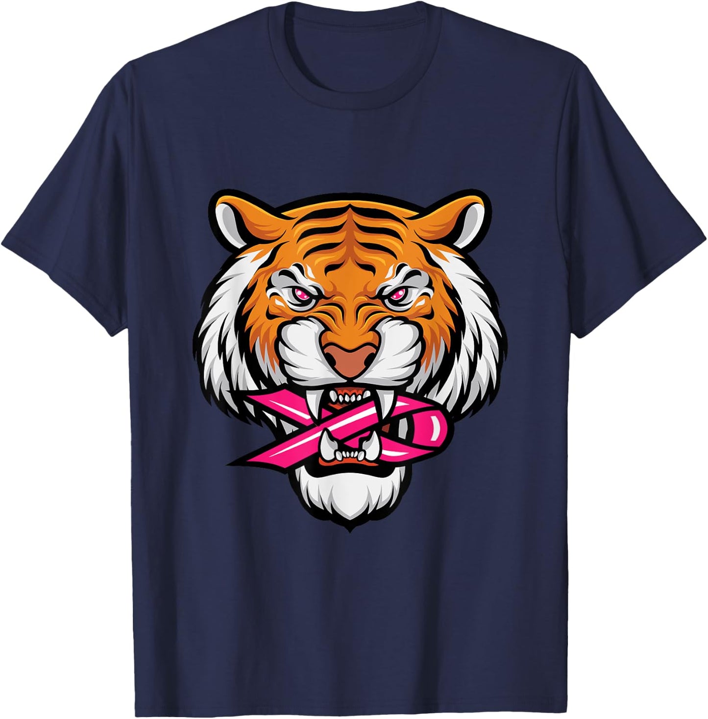 Tiger Pink Ribbon Breast Cancer Awareness Animal Warrior T-Shirt - T-Shirt | Navy